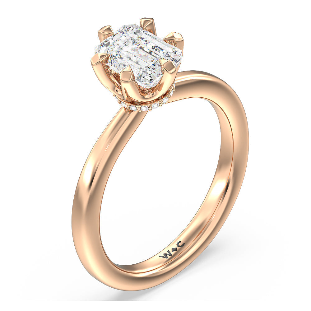 6 Claw Hidden Halo Engagement Ring with Emerald Cut Diamond in 14KT Rose Gold view 3
