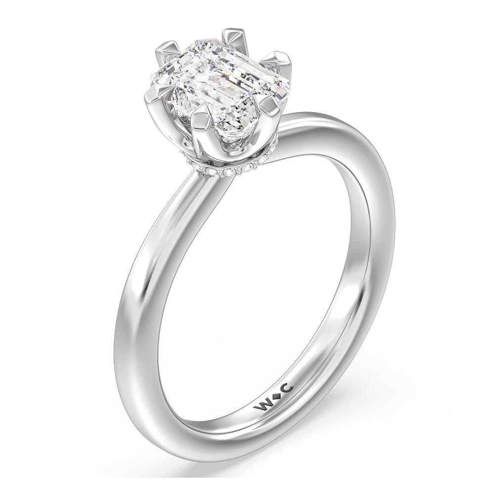 6 Claw Hidden Halo Engagement Ring with Emerald Cut Diamond in 14KT Platinum view 3
