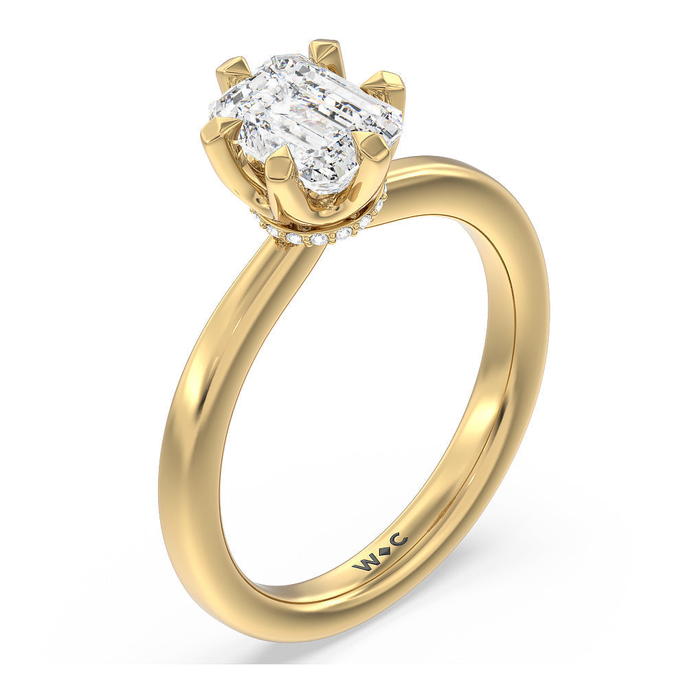 6 Claw Hidden Halo Engagement Ring with Emerald Cut Diamond in 14KT Yellow Gold view 3
