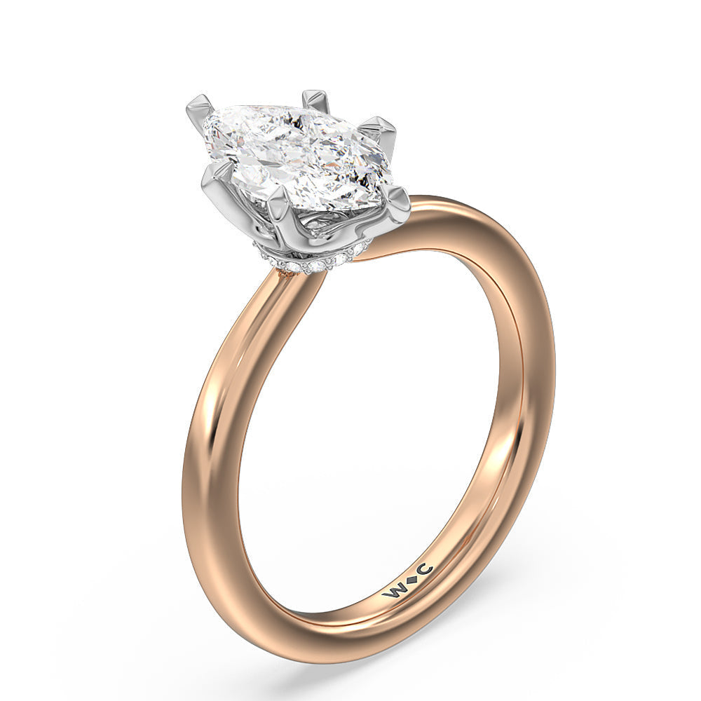 6 Claw Hidden Halo Engagement Ring with Marquise Cut Diamond in 14KT White & Rose Gold view 3
