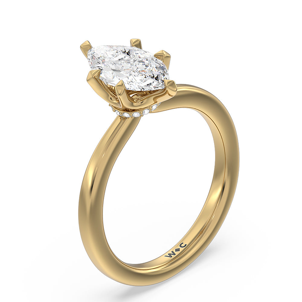 6 Claw Hidden Halo Engagement Ring with Marquise Cut Diamond in 14KT Yellow Gold view 3
