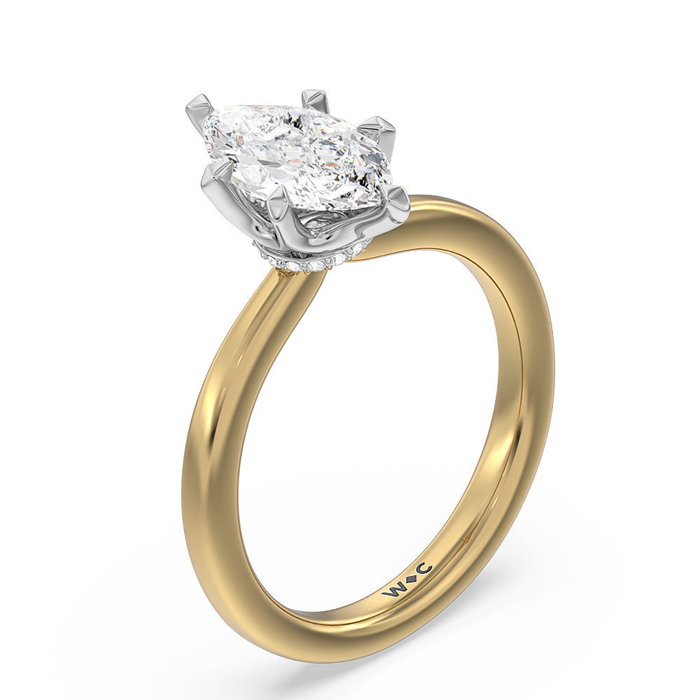 6 Claw Hidden Halo Engagement Ring with Marquise Cut Diamond in 14KT White & Yellow Gold view 3

