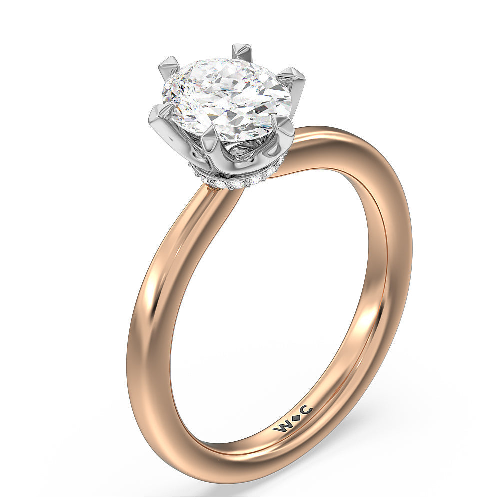 6 Claw Hidden Halo Engagement Ring with Oval Cut Diamond in 14KT White & Rose Gold view 3
