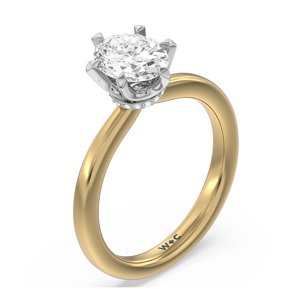 6 Claw Hidden Halo Engagement Ring with Oval Cut Diamond in 14KT White & Yellow Gold view 3
