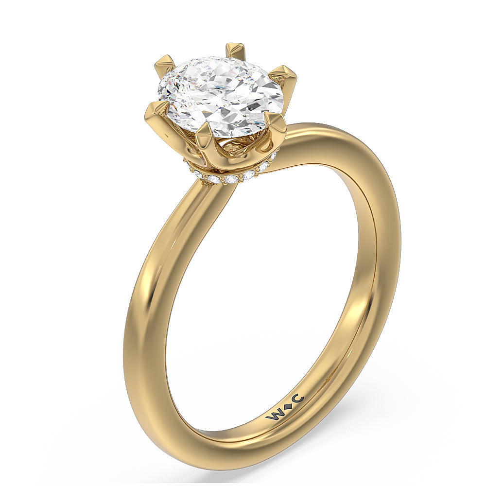 6 Claw Hidden Halo Engagement Ring with Oval Cut Diamond in 14KT Yellow Gold view 3
