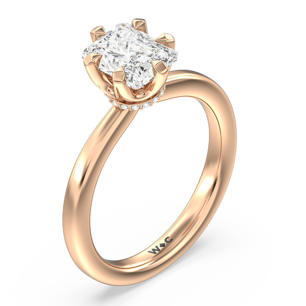6 Claw Hidden Halo Engagement Ring with Radiant Cut Diamond in 14KT Rose Gold view 3
