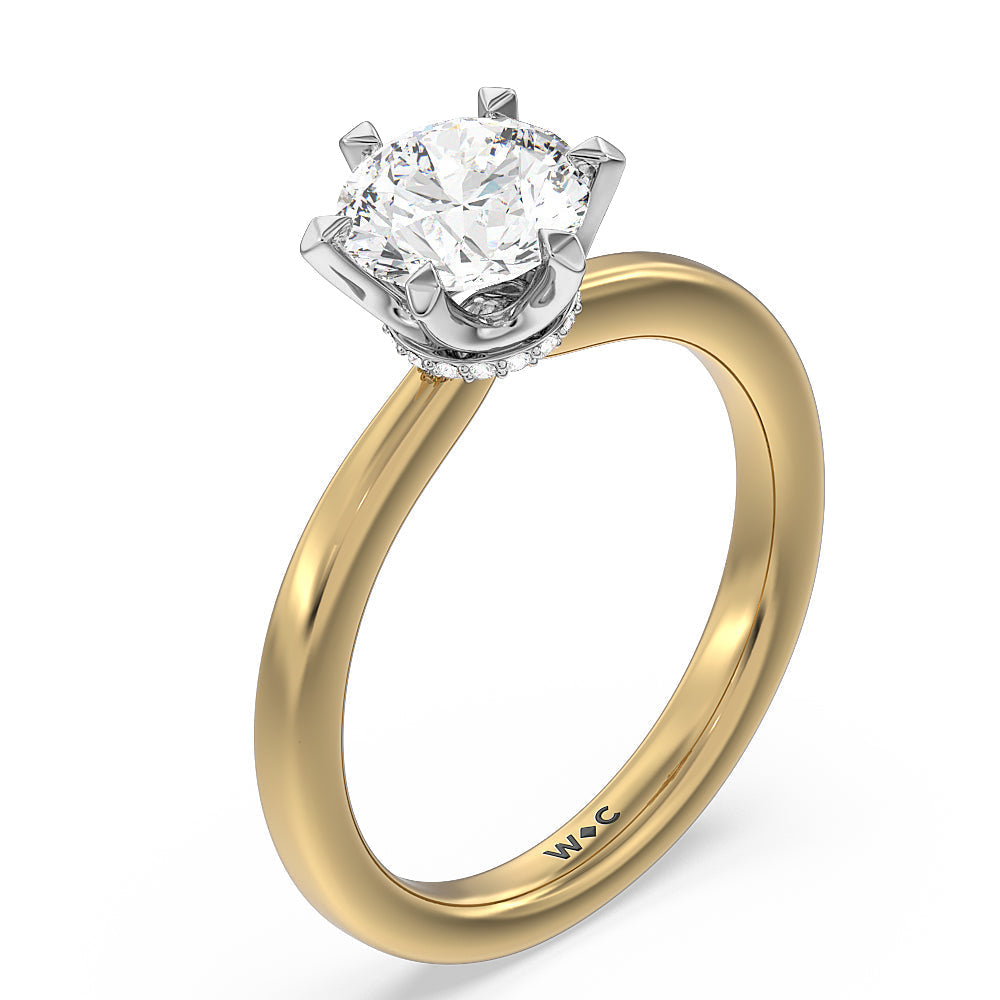 6 Claw Hidden Halo Engagement Ring with Round Cut Diamond in 14KT White & Yellow Gold view 3
