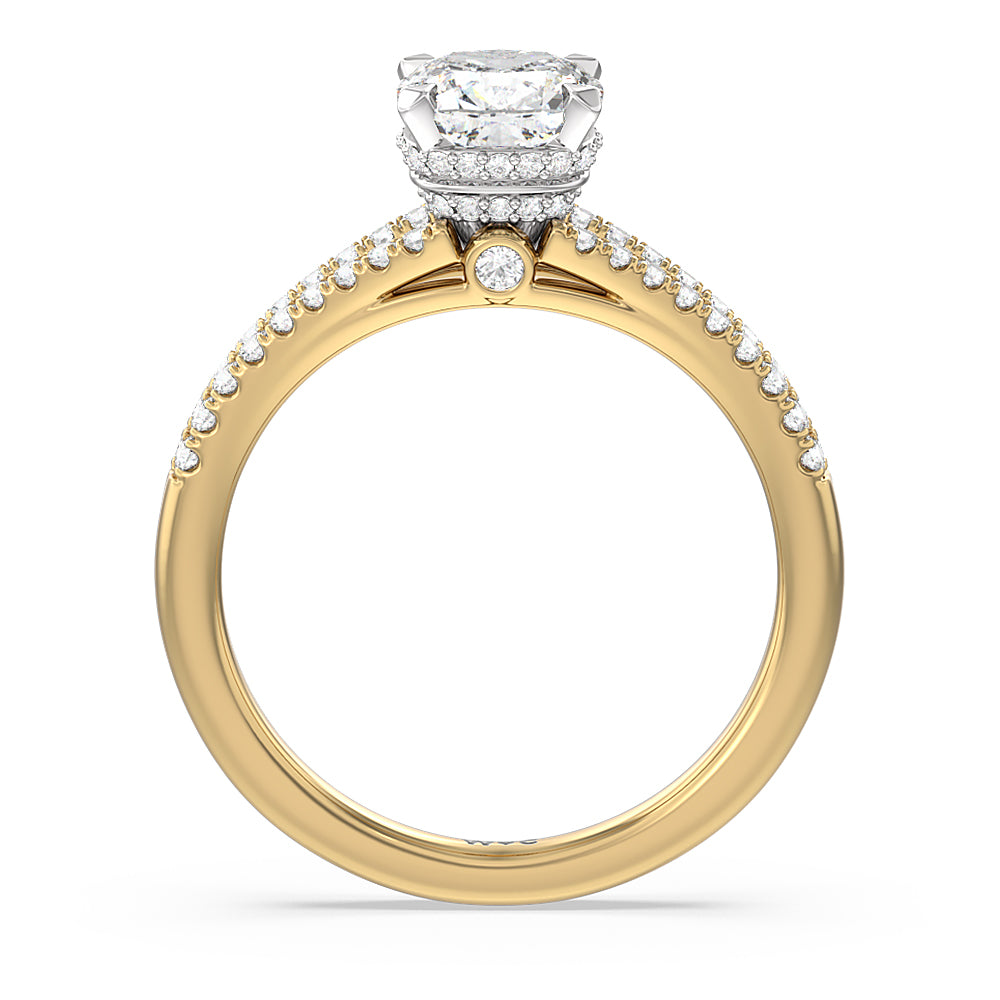 Grand Hidden Halo Engagement Ring with Cushion Cut Diamond in 14KT White & Yellow Gold view 2
