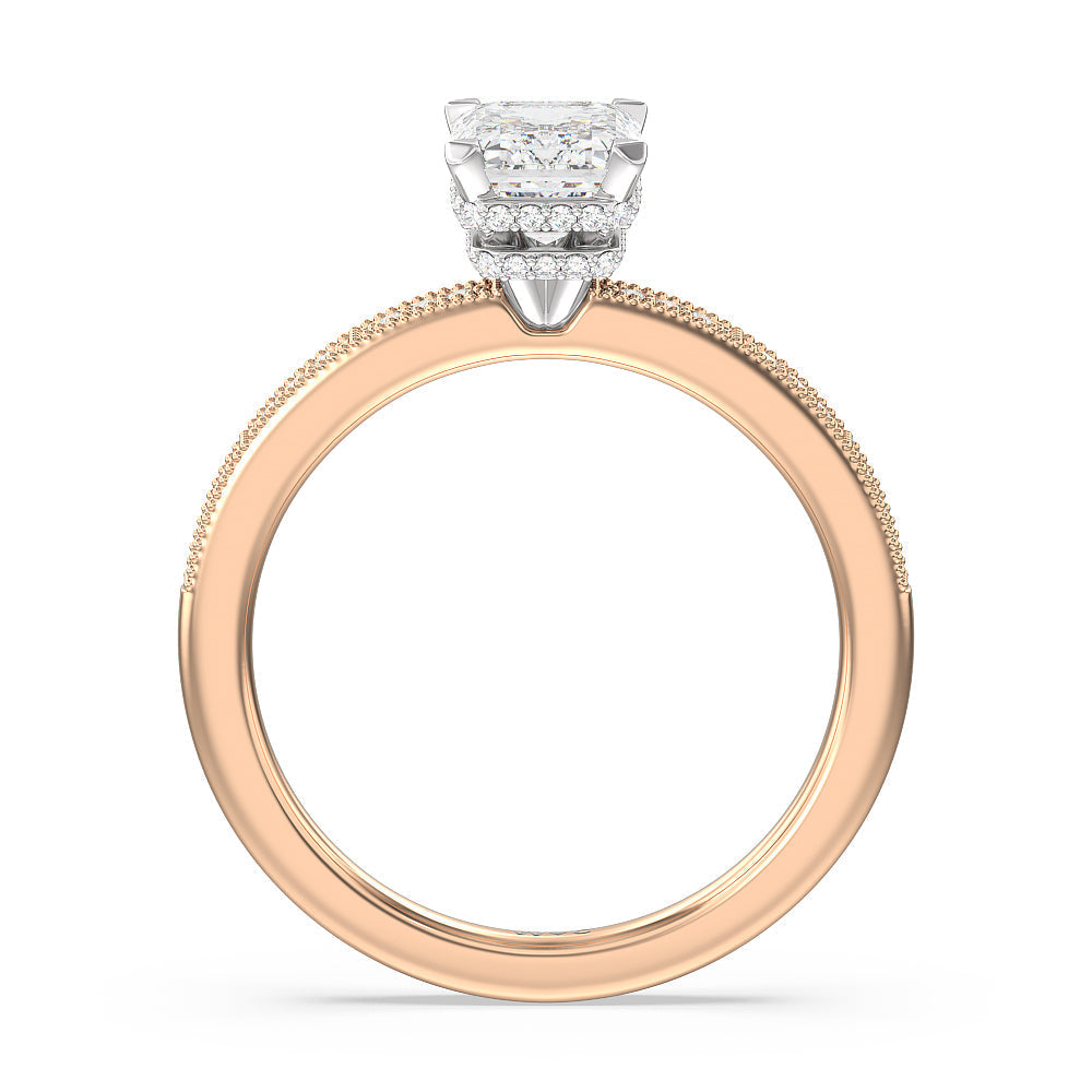 Pave Diamond Double Hidden Halo Engagement Ring with Emerald Cut Diamond in 14KT Rose Gold view 2
