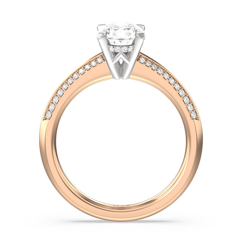 Tapered Knife Edge Hidden Halo Engagement Ring with Oval Cut Diamond in 14KT White & Rose Gold view 2
