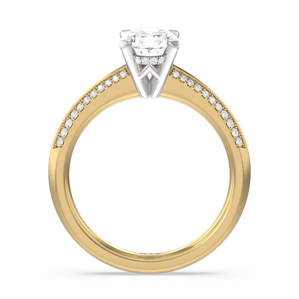 Tapered Knife Edge Hidden Halo Engagement Ring with Oval Cut Diamond in 14KT White & Yellow Gold view 2
