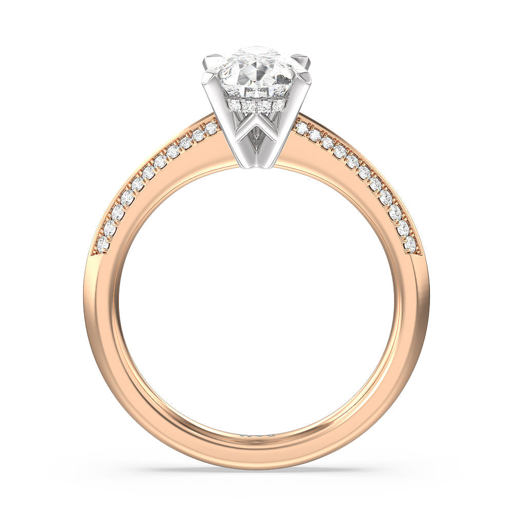Tapered Knife Edge Hidden Halo Engagement Ring with Pear Cut Diamond in 14KT White & Rose Gold view 2
