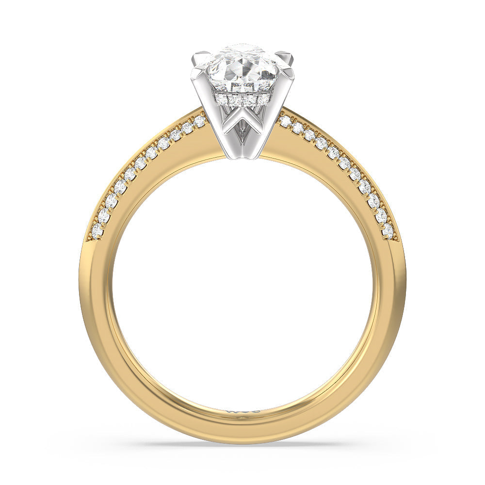 Tapered Knife Edge Hidden Halo Engagement Ring with Pear Cut Diamond in 14KT White & Yellow Gold view 2
