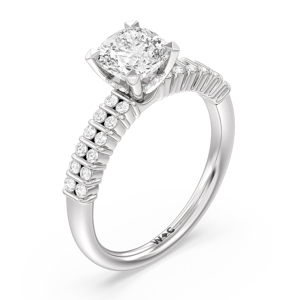 Double Row Diamond Hidden Halo Engagement Ring with Cushion Cut Diamond in 14KT Platinum view 3
