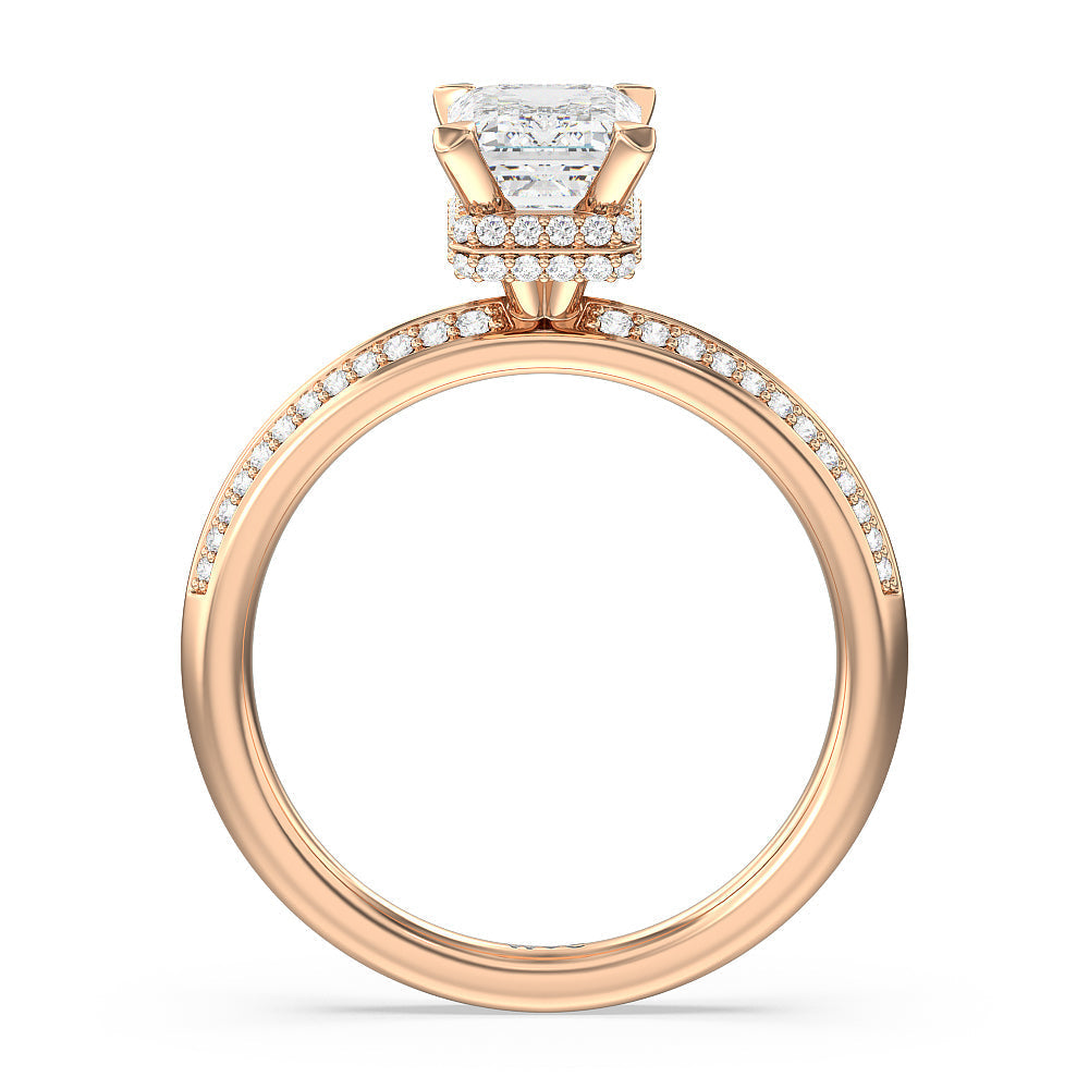 Knife Edge Diamond Hidden Halo Ring with Emerald Cut Diamond in 14KT Rose Gold view 2
