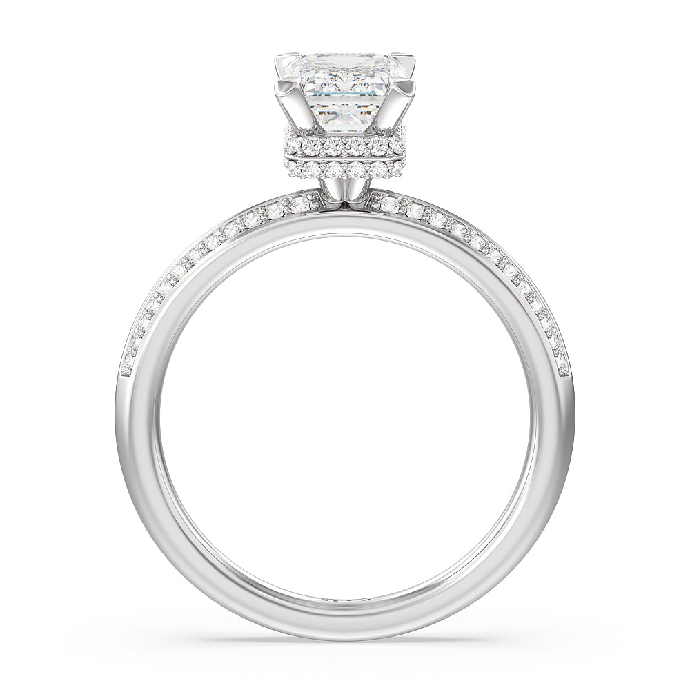 Knife Edge Diamond Hidden Halo Ring with Emerald Cut Diamond in 14KT Platinum view 2
