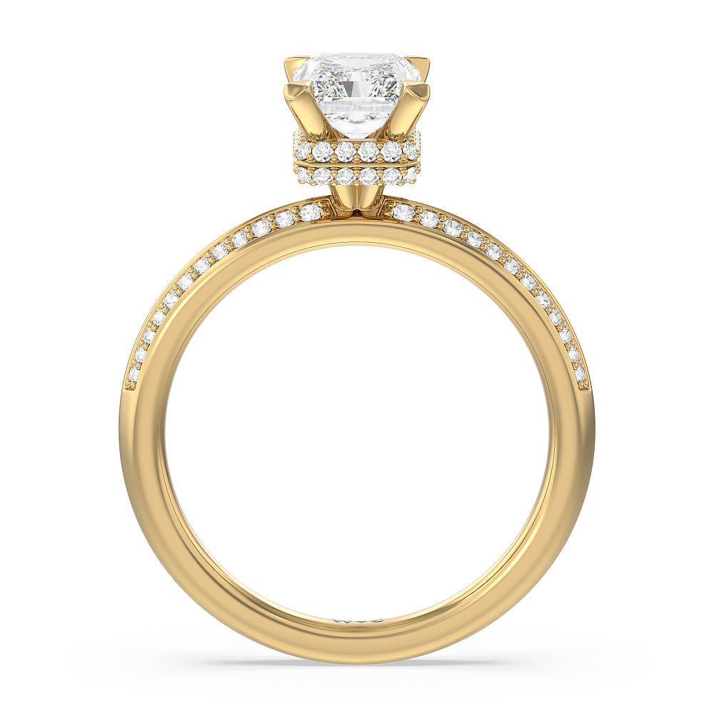 Knife Edge Diamond Hidden Halo Ring with Radiant Cut Diamond in 14KT Yellow Gold view 2
