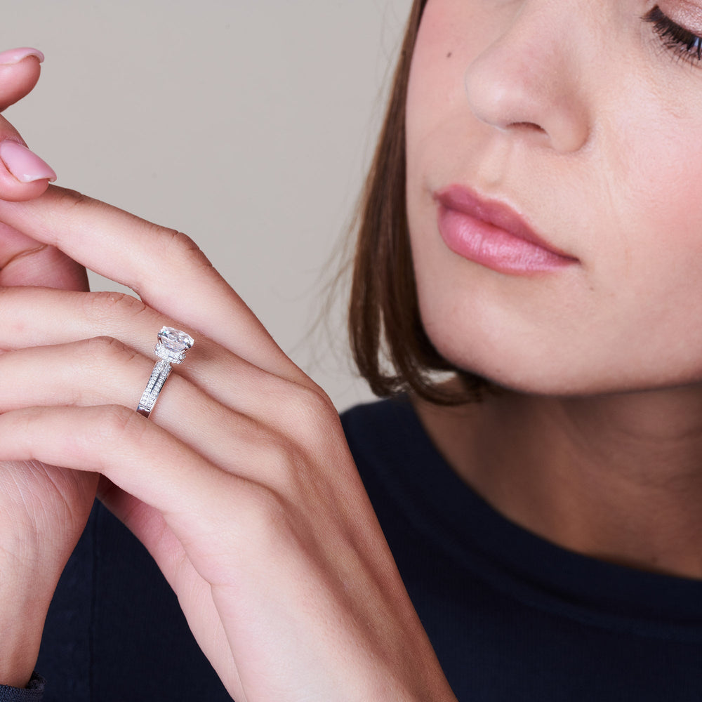 Model Wearing Knife Edge Diamond Hidden Halo Ring view