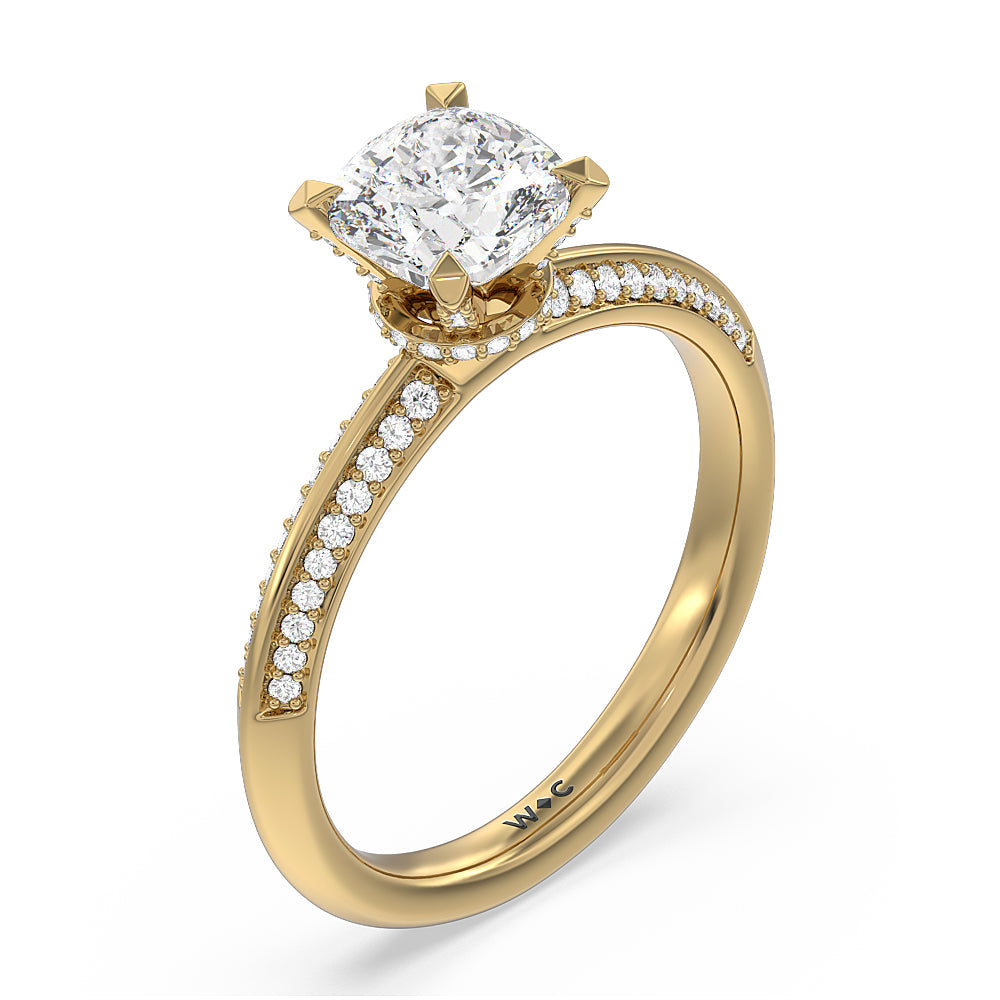 Cushion Cut Pave Prong Hidden Halo Diamond Engagement Ring with Lab Grown Diamond in 14KT Yellow Gold view 3

