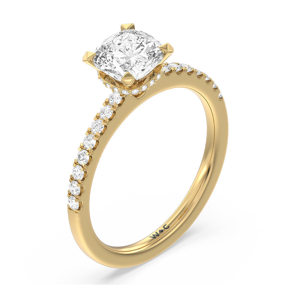 Cushion Cut Petite Pave Hidden Halo Engagement Ring with Lab Grown Diamond in 14KT Yellow Gold view 4
