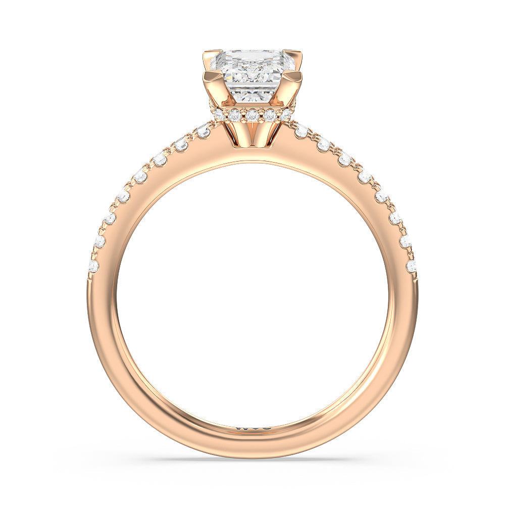 Fine Petite Pave Hidden Halo Engagement Ring with Emerald Cut Diamond in 14KT Rose Gold view 2
