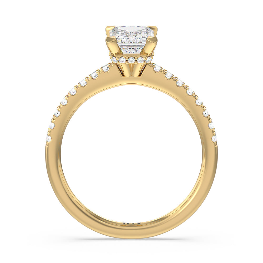 Fine Petite Pave Hidden Halo Engagement Ring with Emerald Cut Diamond in 14KT Yellow Gold view 2
