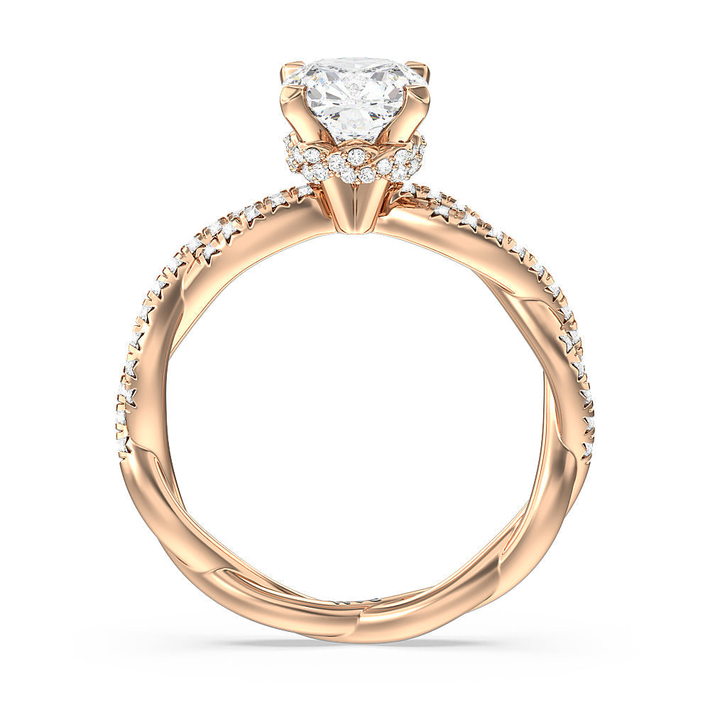 Cushion Cut Twisted Vine Hidden Halo Engagement Ring with Lab Grown Diamond in 14KT Rose Gold view 2
