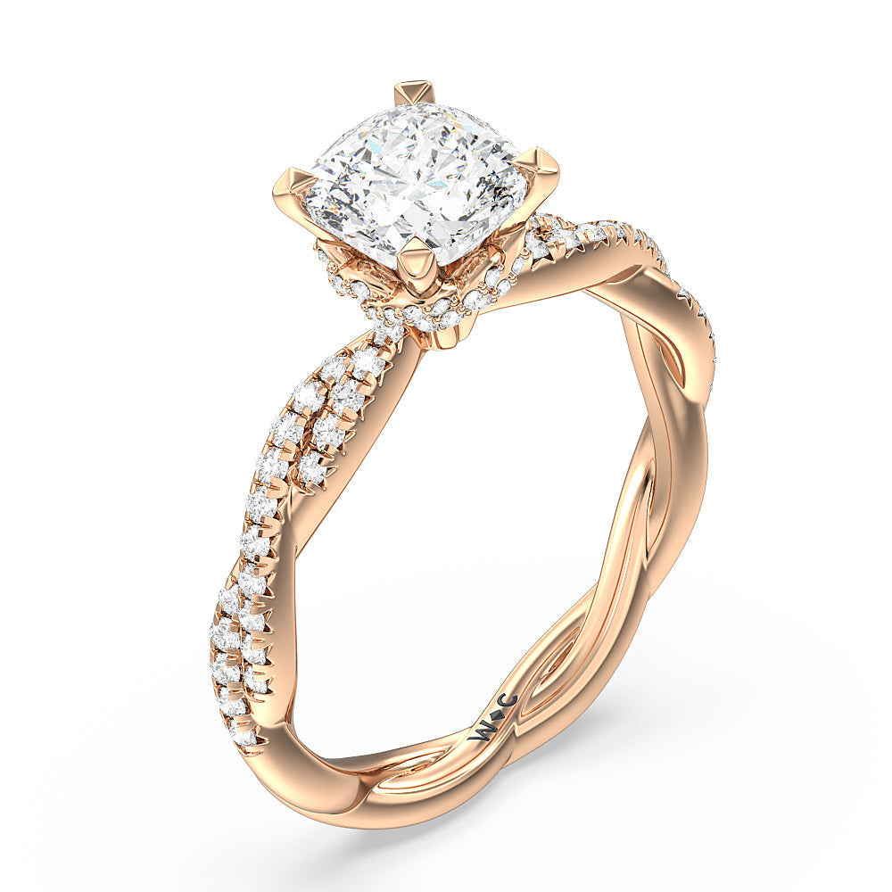 Cushion Cut Twisted Vine Hidden Halo Engagement Ring with Lab Grown Diamond in 14KT Rose Gold view 3
