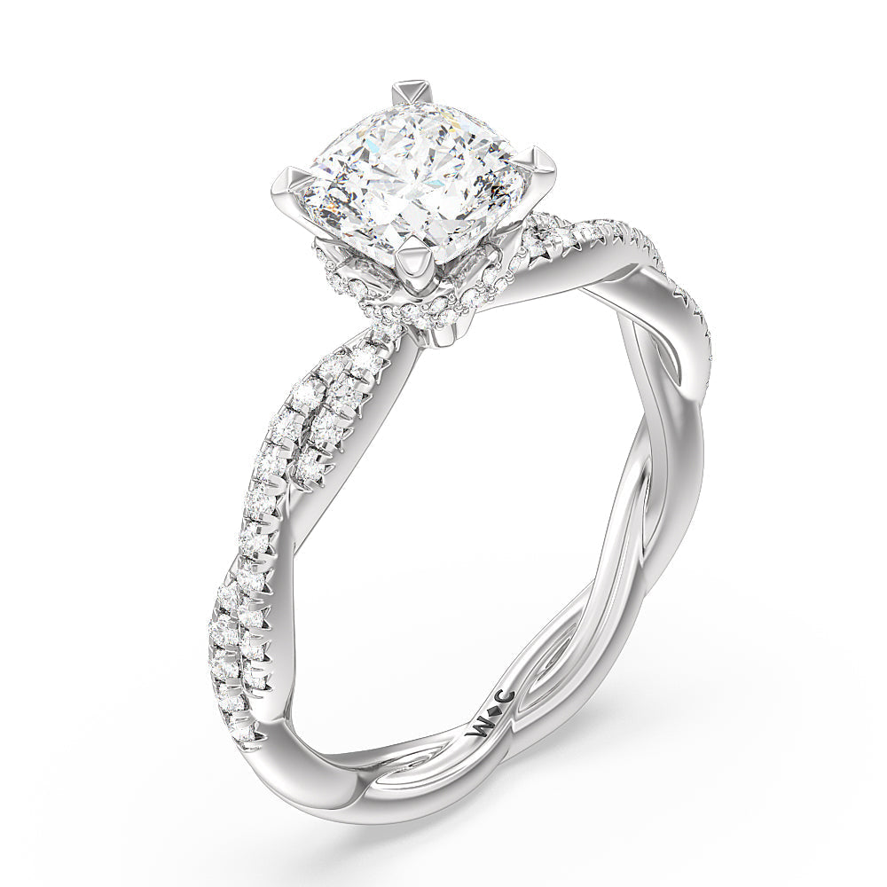 Cushion Cut Twisted Vine Hidden Halo Engagement Ring with Lab Grown Diamond in 14KT Platinum view 3
