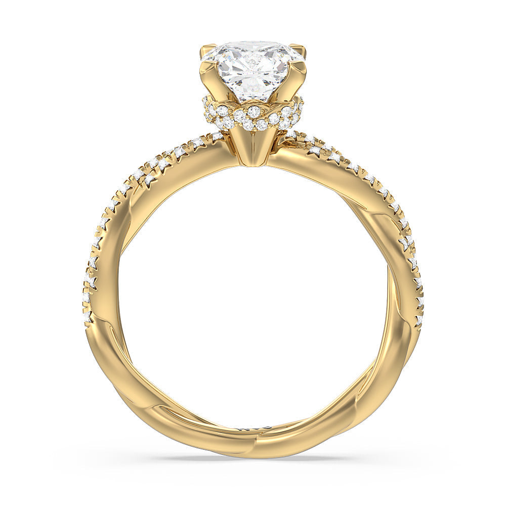Cushion Cut Twisted Vine Hidden Halo Engagement Ring with Lab Grown Diamond in 14KT Yellow Gold view 2
