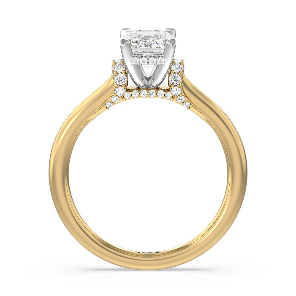 Emerald Cut Diamond Wrap Shoulder Hidden Halo Engagement Ring with Lab Grown Diamond in 14KT White & Yellow Gold view 2
