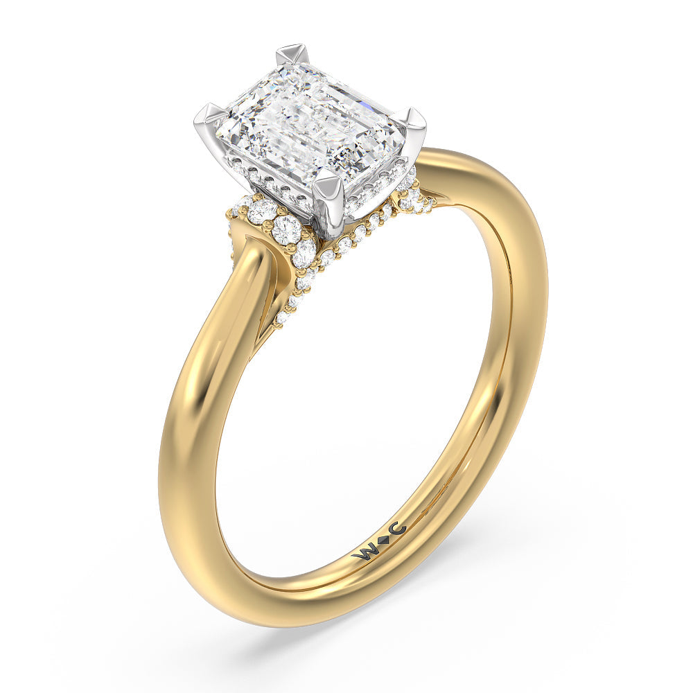 Emerald Cut Diamond Wrap Shoulder Hidden Halo Engagement Ring with Lab Grown Diamond in 14KT White & Yellow Gold view 3
