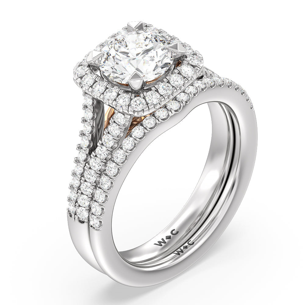 Emerald Cut Split Shank Hidden Accent Halo Engagement Ring with Lab Grown Diamond in 14KT White & Rose Gold view 4
