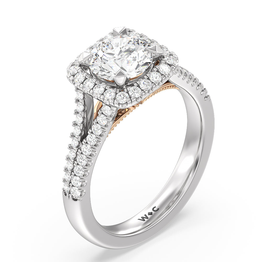 Round Cut Split Shank Hidden Accent Halo Engagement Ring with Lab Grown Diamond in 14KT White & Rose Gold view 3
