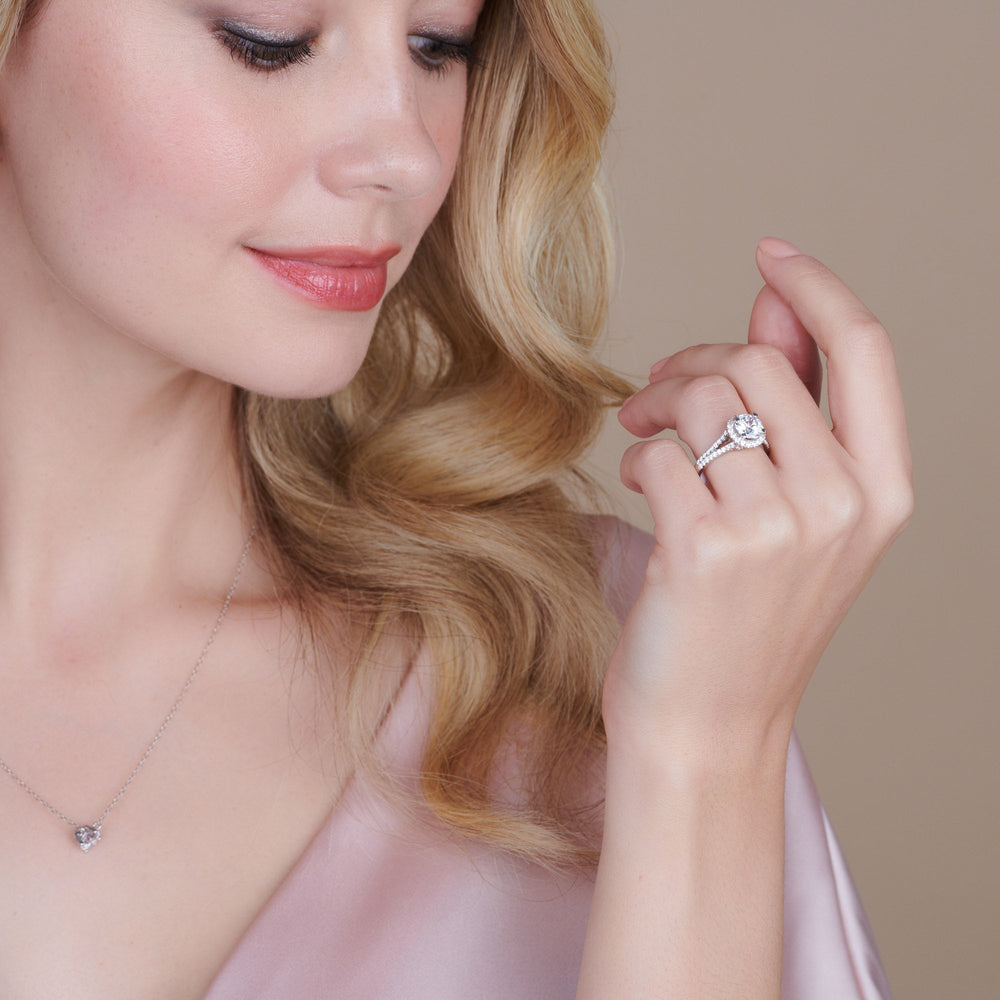 Model Wearing Split Shank Cathedral Halo Engagement Ring view