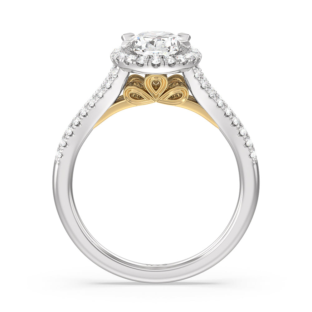 Oval Cut Split Shank Cathedral Halo Engagement Ring with Lab Grown Diamond in 14KT White & Yellow Gold view 2
