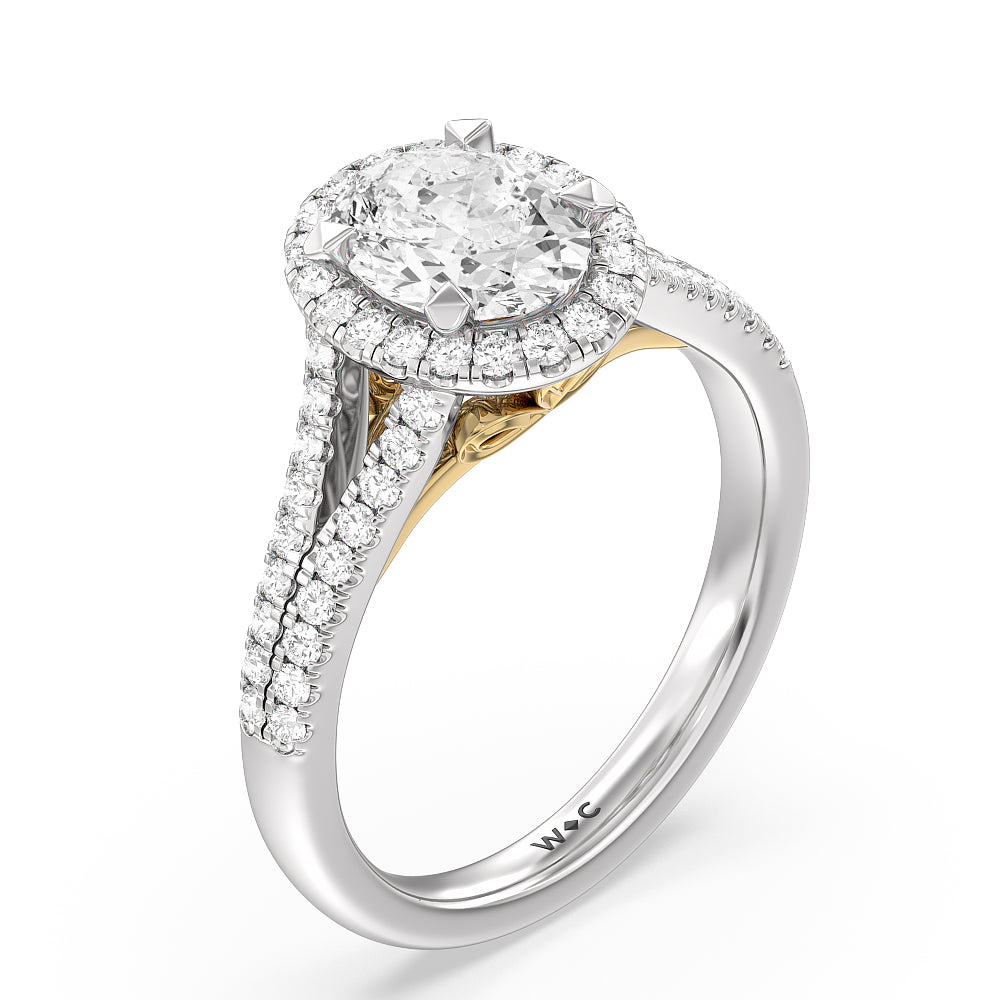 Split Shank Cathedral Halo Engagement Ring with Oval Cut Diamond in 14KT White & Yellow Gold view 3

