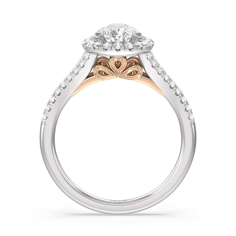 Pear Cut Split Shank Cathedral Halo Engagement Ring with Lab Grown Diamond in 14KT White & Rose Gold view 2
