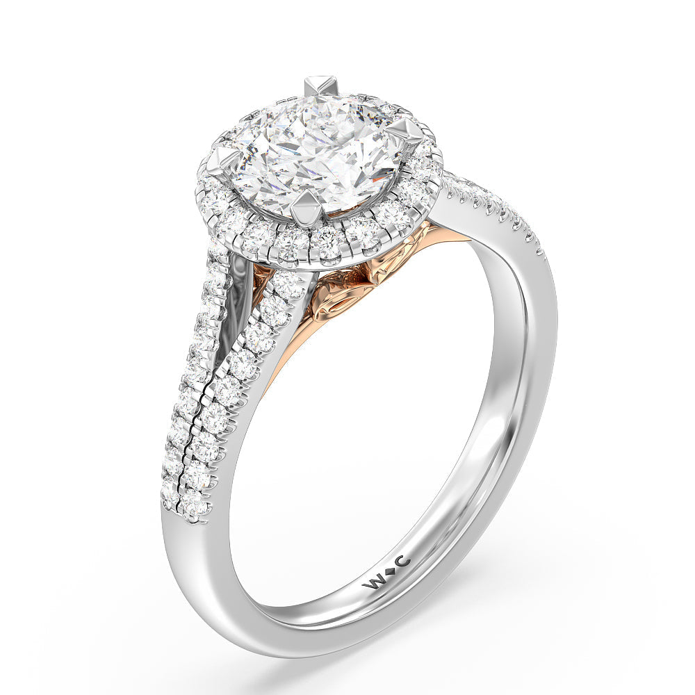 Split Shank Cathedral Halo Engagement Ring with Round Cut Diamond in 14KT White & Rose Gold view 3
