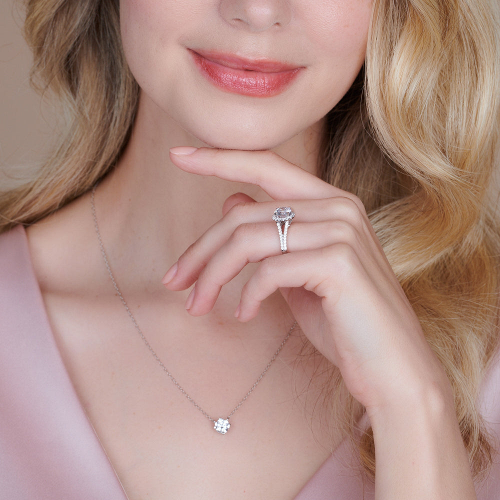 Model Wearing Split Shank Cathedral Halo Engagement Ring view