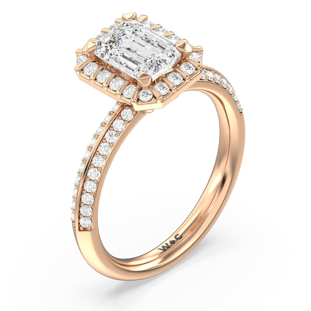 Pave Knife Edge Halo Engagement Ring with Emerald Cut Diamond in 14KT Rose Gold view 3
