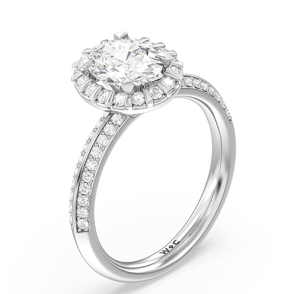 Pave Knife Edge Halo Engagement Ring with Oval Cut Diamond in 14KT Platinum view 3
