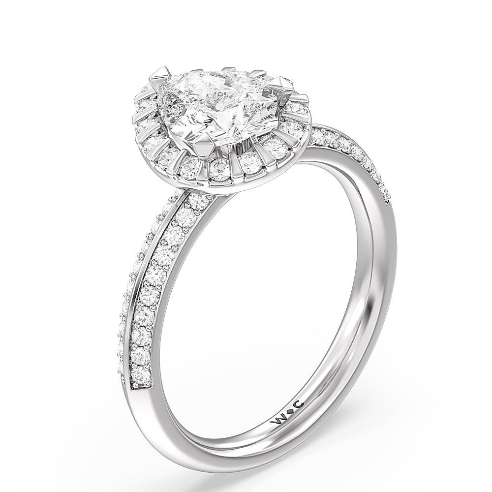 Pave Knife Edge Halo Engagement Ring with Pear Cut Diamond in 14KT Platinum view 3
