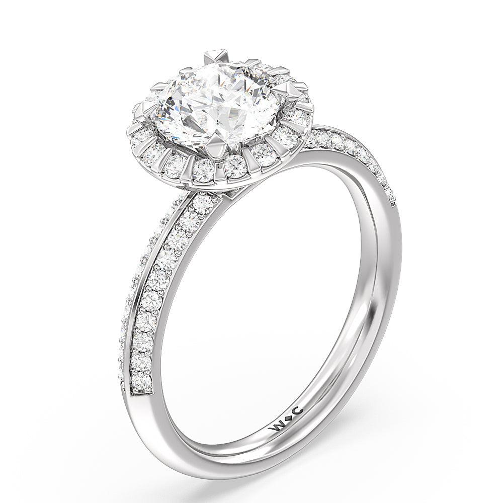 Pave Knife Edge Halo Engagement Ring with Round Cut Diamond in 14KT Platinum view 3
