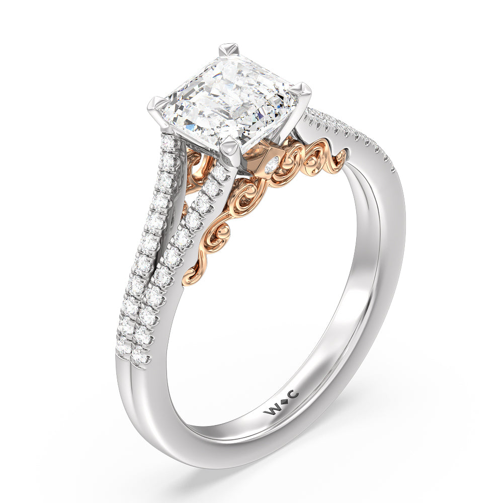 Asscher Cut Split Shank Hidden Accent Engagement Ring with Lab Grown Diamond in 14KT White & Rose Gold view 3

