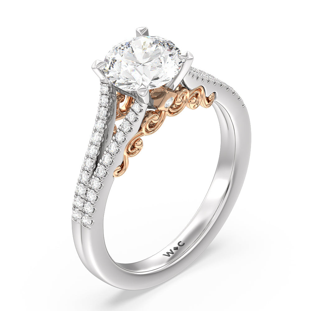 Round Cut Split Shank Hidden Accent Engagement Ring with Lab Grown Diamond in 14KT White & Rose Gold view 3
