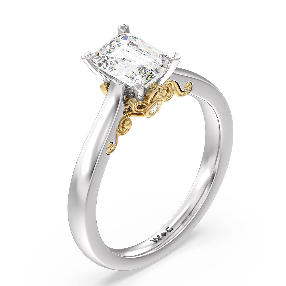 Petal Hidden Accent Scroll Engagement Ring with Emerald Cut Diamond in 14KT White & Yellow Gold view 3

