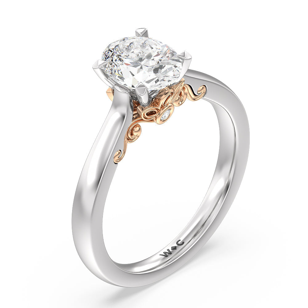 Petal Hidden Accent Scroll Engagement Ring with Oval Cut Diamond in 14KT White & Rose Gold view 3
