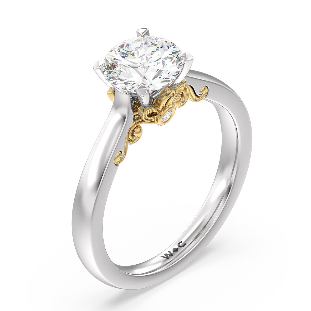 Petal Hidden Accent Scroll Engagement Ring with Round Cut Diamond in 14KT White & Yellow Gold view 3
