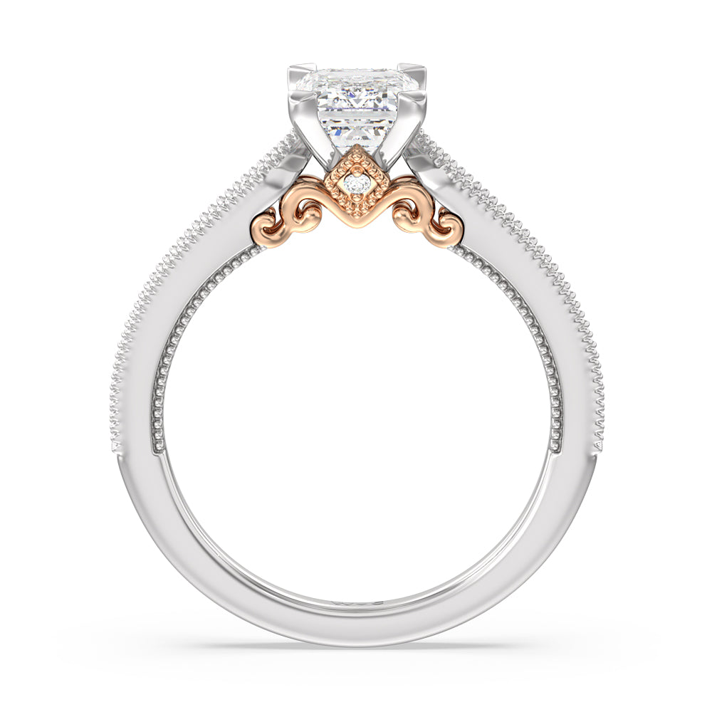 Emerald Cut Milgrain Hidden Accent Engagement Ring with Lab Grown Diamond in 14KT White & Rose Gold view 2
